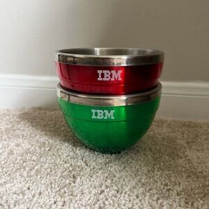 Vtg IBM Logo Bowls – Set of 2, Red & Green, Stainless Steel w/ Plastic Exterior